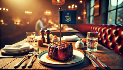 Wall Mural - An upscale restaurant table featuring a tender steak, garnished with rosemary and an Maine flag, set against a cozy, candlelit backdrop