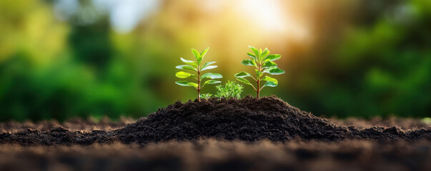 Two young plants emerging from fertile soil, illuminated by sunlight, symbolizing growth, nature, and environmental sustainability.