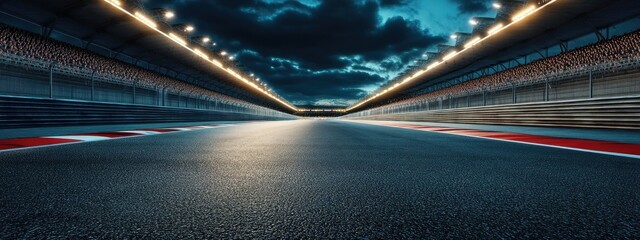 Wall Mural - Fast ride on racing track and empty grandstands around asphalt road at night. Professional digital 3d illustration of racing sports