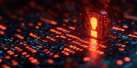 Red digital binary code background with an orange glowing danger icon for a cyber attack, a cyberspace concept. 