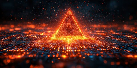 Wall Mural - Red digital background with orange and red numbers, an exclamation mark in the center of which is depicted as glowing triangles.