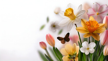 Wall Mural - Vibrant spring bouquet with daffodils, tulips, and butterflies in a bright setting celebrating nature's beauty