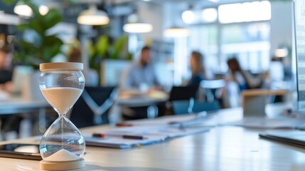 A glass hourglass sits on a desk in front of a group of people