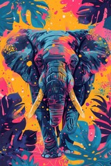 Wall Mural - Abstract colorful elephant illustration with leaves.