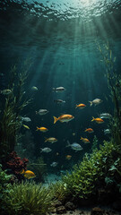 Poster - fishes darting through aquatic vegetation deep underwater background 