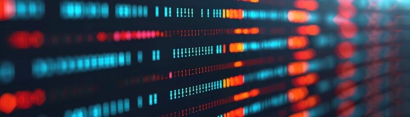 Abstract close-up of colorful LED lights displaying binary code on a computer screen, representing coding, data analysis, and technology.