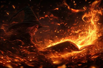 A mystical witch casting a fiery spell from an ancient book, surrounded by magical flames and sparks in a dark, enchanting scene.