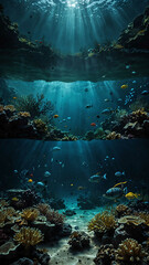 Wall Mural - mysterious underwater landscapes full of life deep underwater background 