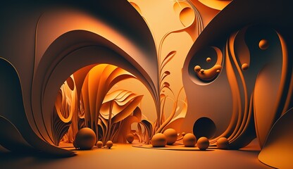 Wall Mural - Abstract liquid shapes in warm orange tones illuminated by soft light