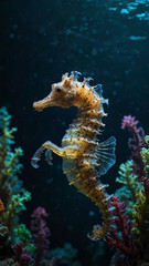 Poster - seahorses drifting gracefully in the deep underwater background 