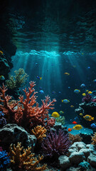 Poster - underwater world with colorful life deep underwater background 