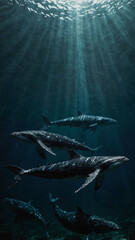 Poster - whales majestically swimming in the deep underwater background 