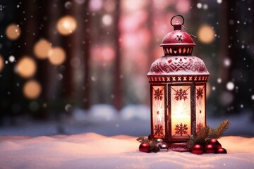 Poster - Christmas red lantern with cute decoration snow outdoors winter.