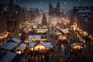 Canvas Print - The christmas market in a town in winter outdoors urban city.