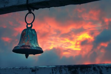 Old rusty metal bell hanging from a wooden beam with a dramatic sunset sky in the background