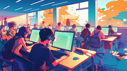 Students engaged in coding at computers, focused and immersed in their work, in vibrant classroom setting.