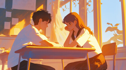 A warm and intimate moment between two students in classroom, sharing connection. soft sunlight creates romantic atmosphere.