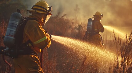 Two firefighters, equipped with backpacks and helmets, are actively spraying water onto the raging flames of a forest fire, with smoky haze and embers visible in the background.