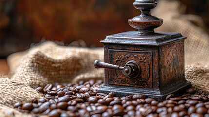 62. A detailed shot of an antique coffee grinder with a hand-crank mechanism, the metal parts aged and tarnished, set against a background of burlap and scattered coffee beans