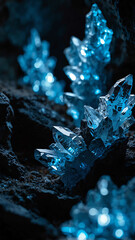 Sticker - crystals growing blue lights on deep nature cave background backdrop