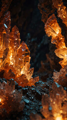 Poster - crystals growing orange lights on deep nature cave background backdrop