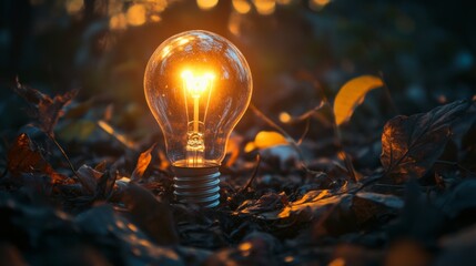 A glowing light bulb rests among fallen leaves in a dimly lit forest, symbolizing inspiration and ideas amidst the natural, serene beauty of autumn's colorful foliage.