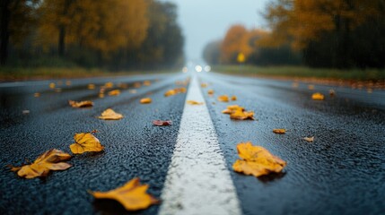 highway road on a cloudy day with autumn leaves.