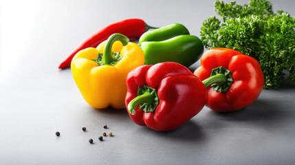 Wall Mural - Assorted colorful bell peppers with fresh parsley and peppercorns on a grey background, perfect for healthy recipes and salads.