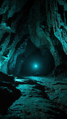 Canvas Print - teal glowing mysterious lights in the deep nature cave background backdrop