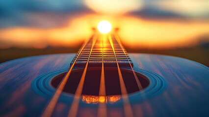 close-up of an acoustic guitar with a sunset in the background