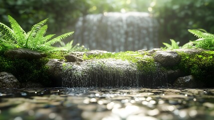 Lush Moss and Ferns Adorning Porous Stones by Flowing Stream with Soft Waterfall