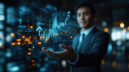 Businessman holds a glowing financial graph, symbolizing growth, investment opportunities, and technological advancement in a digital economy.