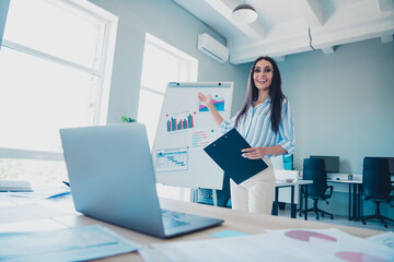 Sticker - Photo of smart chief female boardroom video call presentation wear striped formalwear comfortable modern office interior indoors workspace