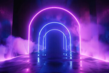 Canvas Print - 3d abstract background with ultraviolet neon lights, empty frame, cosmic landscape, glowing tunnel door with smoke 3d abstract background with neon lights, empty frame, cosmic landscape glowing lines 