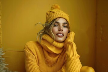 Portrait of a young woman wearing yellow sweater and hat Portrait of a young woman wearing yellow sweater and hat