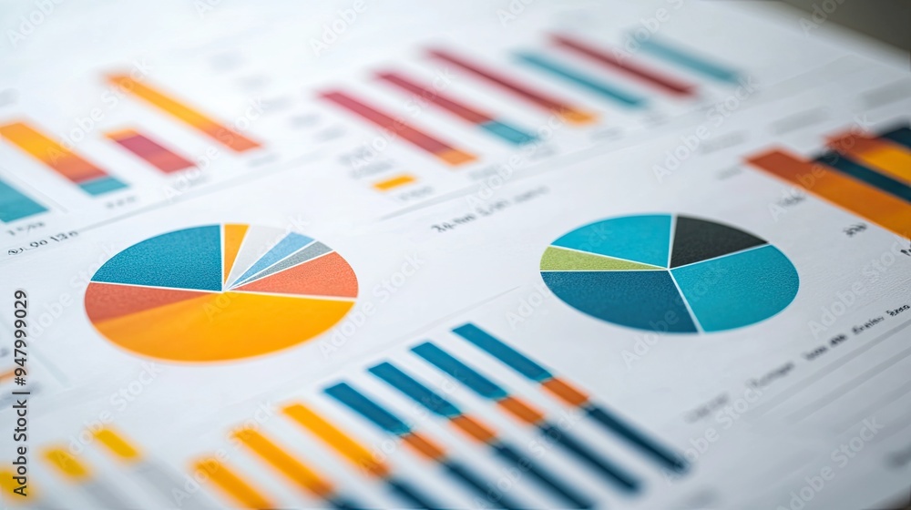 Data analytics concept with pie charts and bar graphs, clearly sorted ...