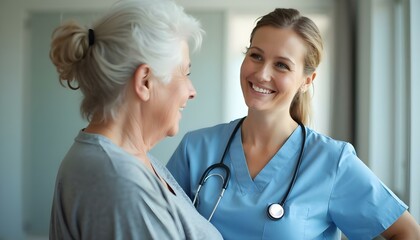 An elderly senior old woman patient with g smiling beautiful young medical nurse in light blue uniform