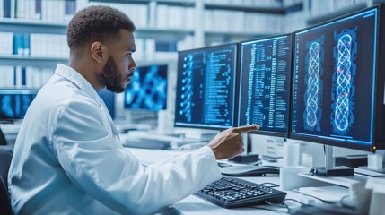 Scientist Analyzing Data and Monitoring Digital Screens in a Modern Laboratory