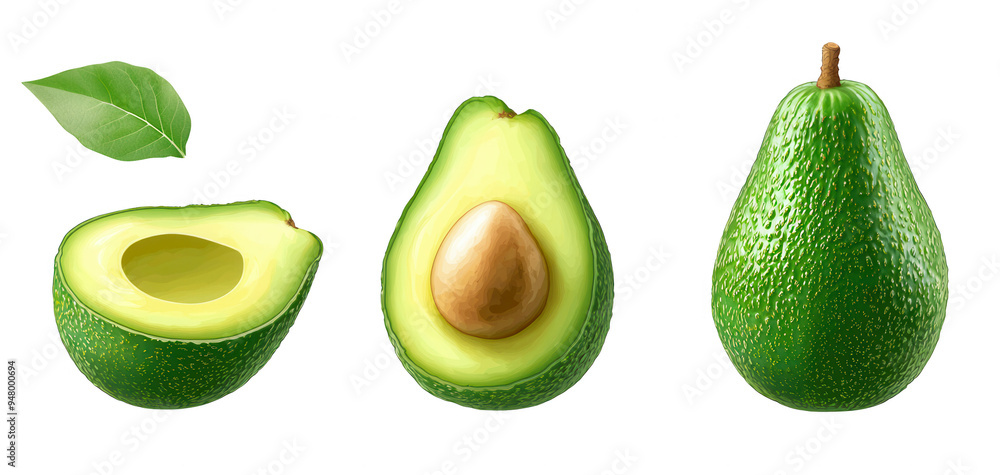 Fresh avocado display featuring whole, halved with pit, and quartered ...