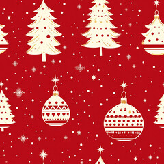 Seamless red pattern of abstract Christmas baubles and Christmas trees for paper or textile.