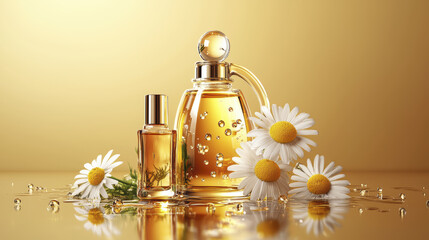 Elegant perfume bottles with chamomile flowers on golden background create serene and luxurious atmosphere.