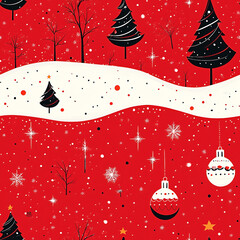 seamless red pattern of abstract christmas baubles and christmas trees for paper or textile.