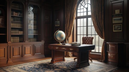 Wall Mural - A stately classic study with dark wood paneling, a large mahogany desk, leather-bound books, and a vintage globe, with a richly patterned Persian rug