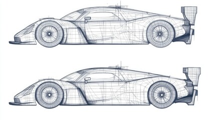 Wall Mural - set of racing car line art draw blueprint wireframe from all side view.