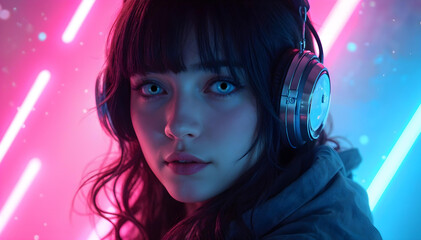 Canvas Print - Woman with Headphones Futuristic DJ Neon Studio Beauty