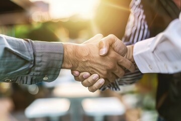 Wall Mural - Close up of two men came to an agreement. Close up of two businessmen shaking hands after successful agreement.