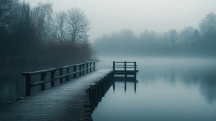 Canvas Print - A misty morning scene with a wooden pier extending over calm water, surrounded by bare trees, evoking a sense of solitude and tranquility.