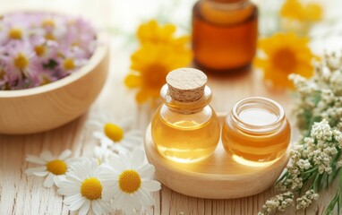 A calming scene with essential oils in glass bottles surrounded by chamomile and yellow flowers, representing natural beauty and relaxation.