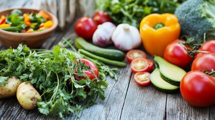 A variety of fresh vegetables including tomatoes, bell peppers, cucumbers, and herbs, displayed on a rustic wooden table, ideal for healthy cooking.