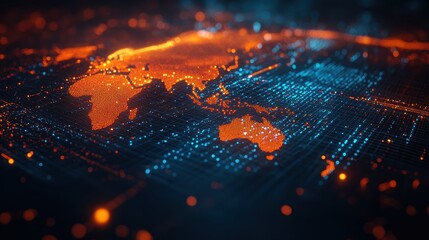 Wall Mural - Futuristic Digital World Map with Glowing Data Points and Network Connections in Blue and Orange